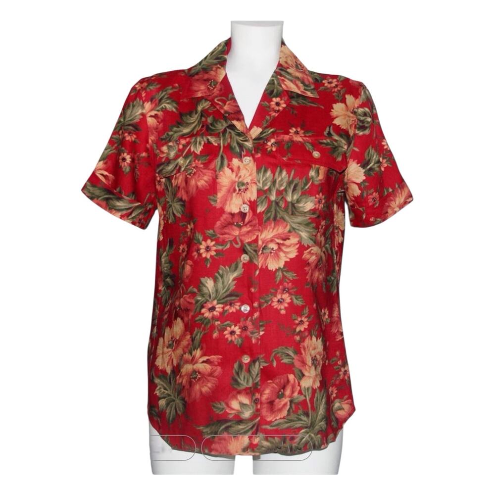 Ralph Lauren Women Plus Sz. 1X Vintage 90’s Linen Hawaiian Roll tab Sleeve Shirt